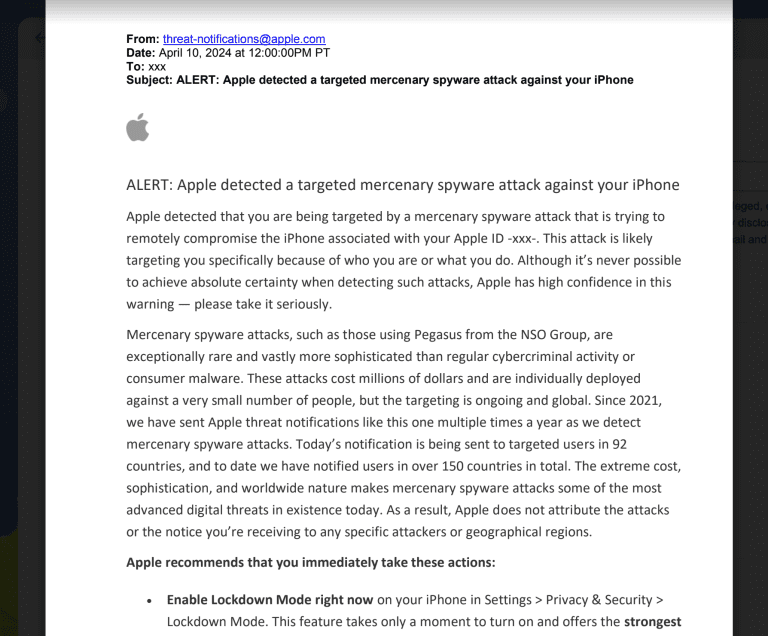 A screenshot of an Apple device displaying a security alert stating the user has been targeted in a spyware attack, warning of potential compromise by state-sponsored attackers.