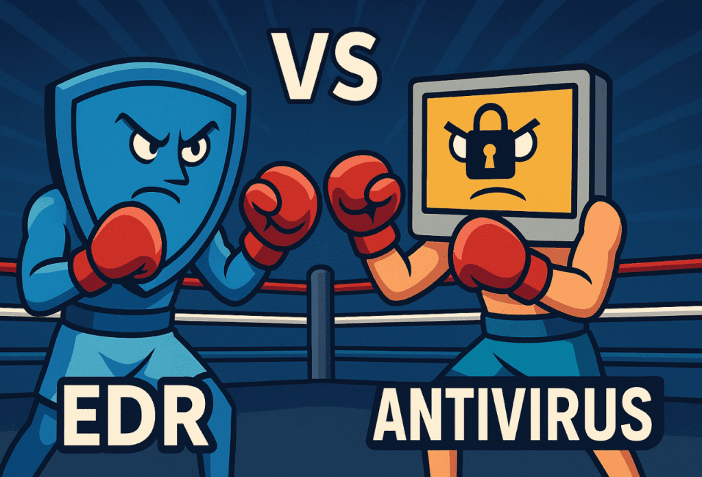 Illustration of EDR vs. Antivirus as boxers in a ring, representing the battle between traditional antivirus protection and modern endpoint detection and response.