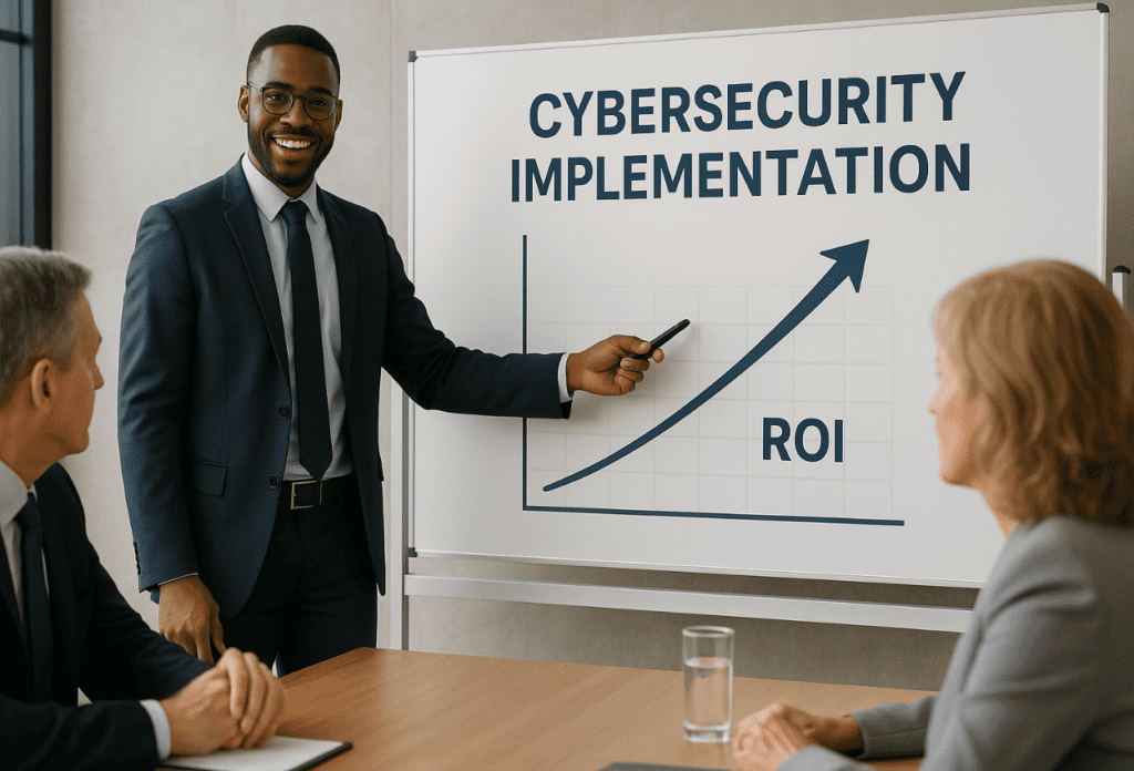 Businessperson presenting a board where ROI increases as a direct result of cybersecurity implementation, illustrating cybersecurity ROI and risk reduction.
