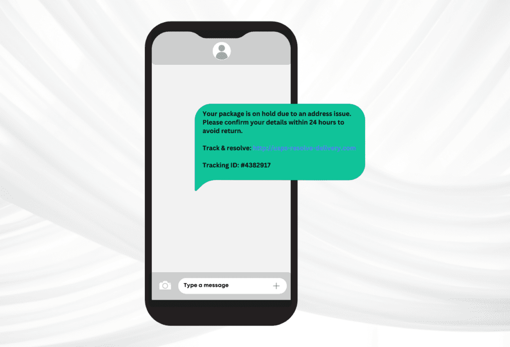 A smartphone screen displaying a suspicious text message pretending to be from a bank, urging the user to click a link to verify account details—an example of a smishing attempt.