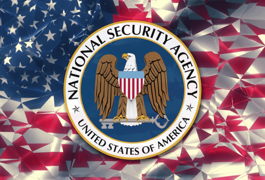 An image of the U.S. flag with the National Security Agency (NSA) logo superimposed over it, symbolizing American cybersecurity, surveillance, or government intelligence.