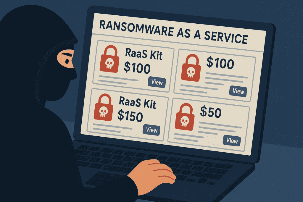 A cybercriminal browsing ransomware as a service (RaaS) kits on the dark web, highlighting how low-skill hackers can easily access tools to launch ransomware attacks on businesses.