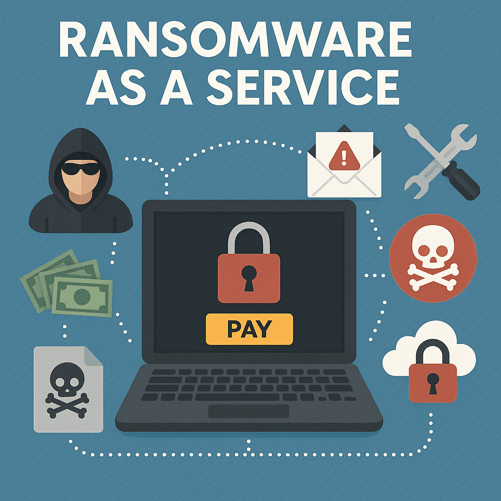 A hacker using a computer to launch ransomware attacks, symbolizing how cybercriminals exploit RaaS (Ransomware as a Service) kits to target businesses and demand ransom payments for locked data.