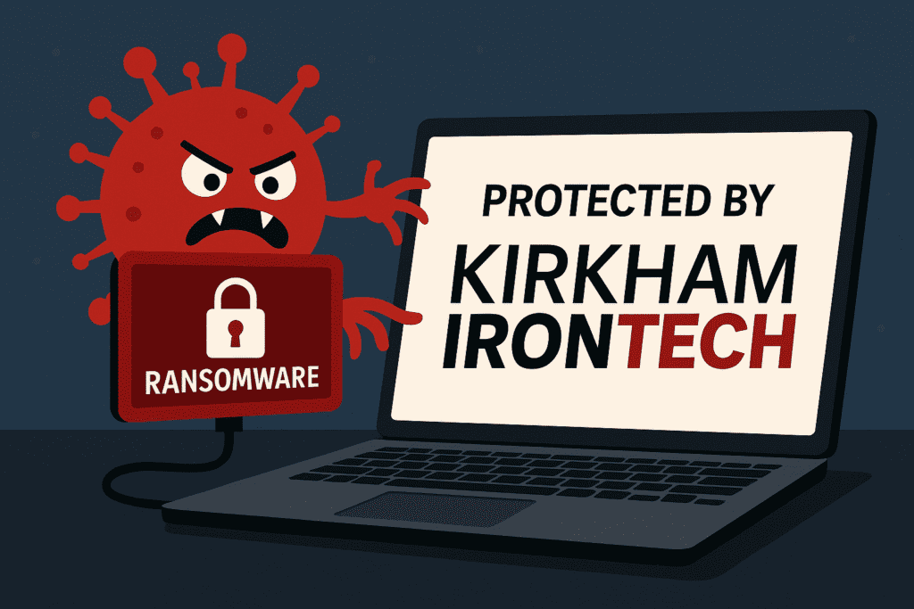 A ransomware virus attempting to breach a computer system, blocked by advanced cybersecurity defenses from Kirkham IronTech, symbolizing proactive protection against RaaS threats.
