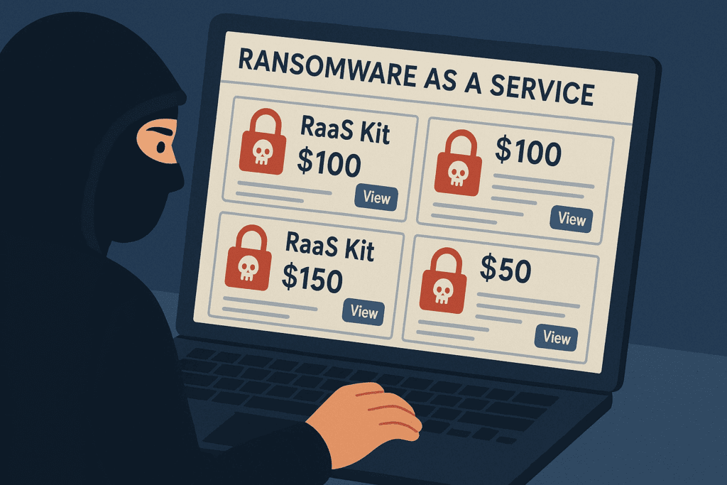 A cybercriminal browsing ransomware as a service (RaaS) kits on the dark web, highlighting how low-skill hackers can easily access tools to launch ransomware attacks on businesses.