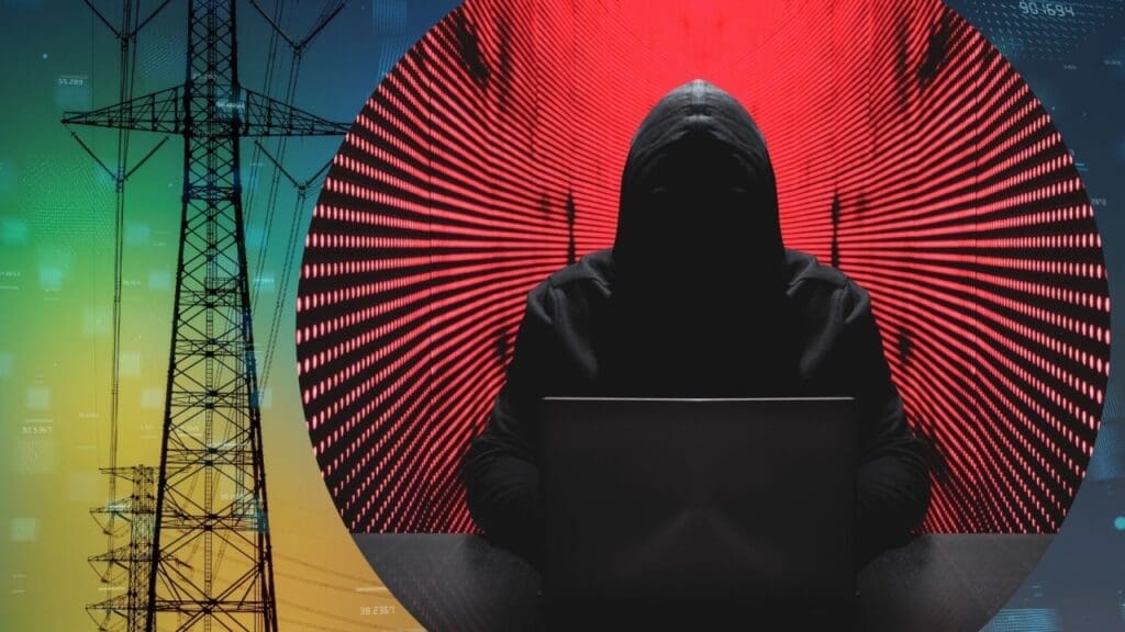 Illustration of a hacker standing next to a utility pole, symbolizing threats to critical infrastructure.