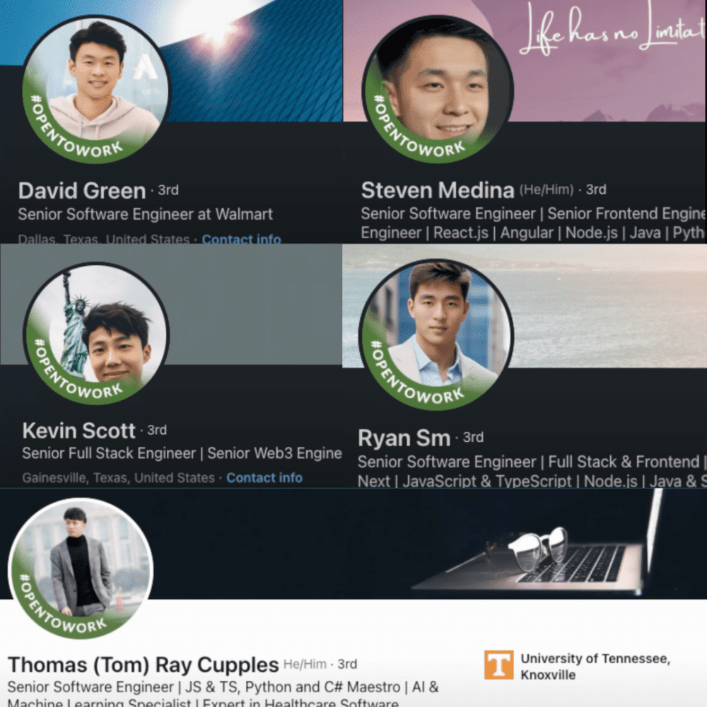 Photo showing multiple fake LinkedIn profiles used by cybercriminals. 