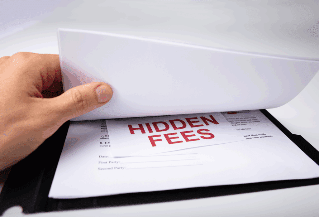 Photo of a paper with the words "hidden fees" printed on it.