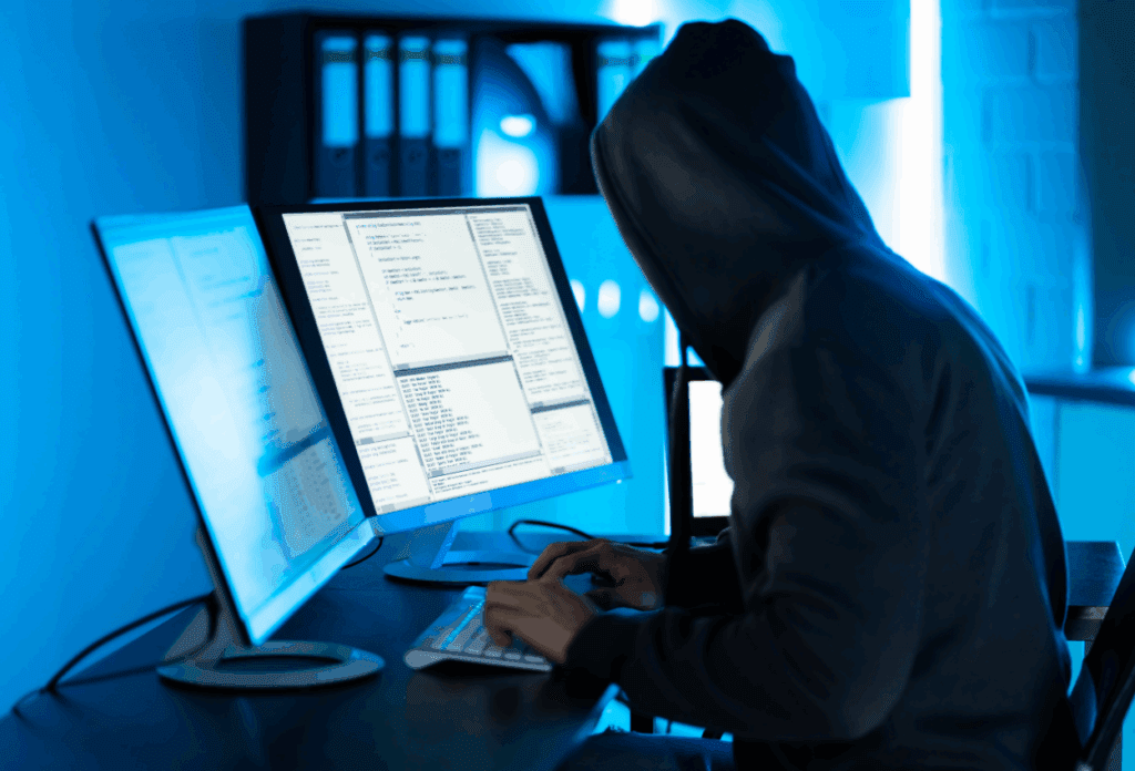 Photo of a hacker at a desk.