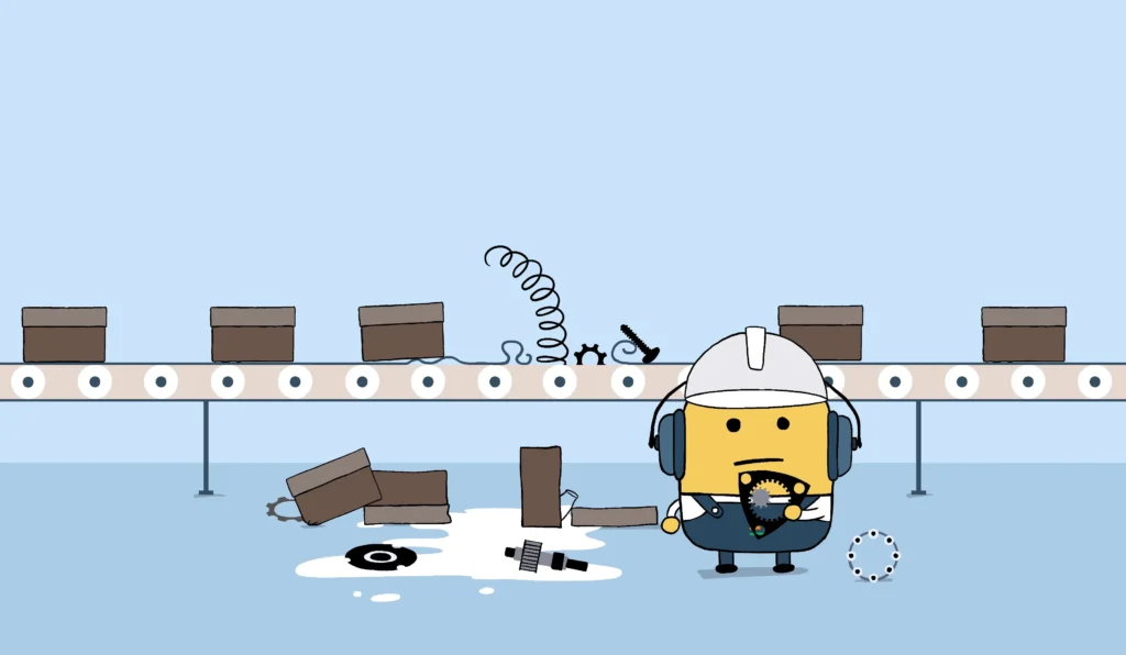 Assembly line halted, workers standing by during unexpected downtime