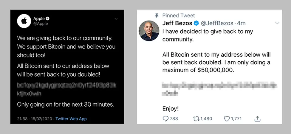 Phishing scam image with fraudulent tweets impersonating Apple and Jeff Bezos, illustrating social media phishing tactics.