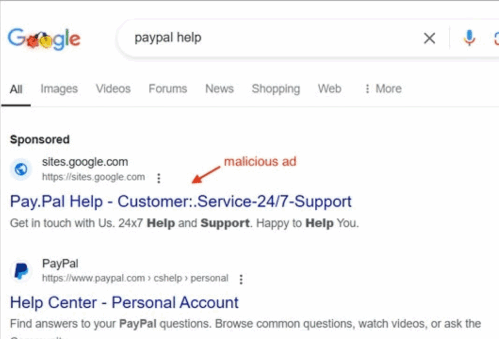 Example of malicious Google ads
