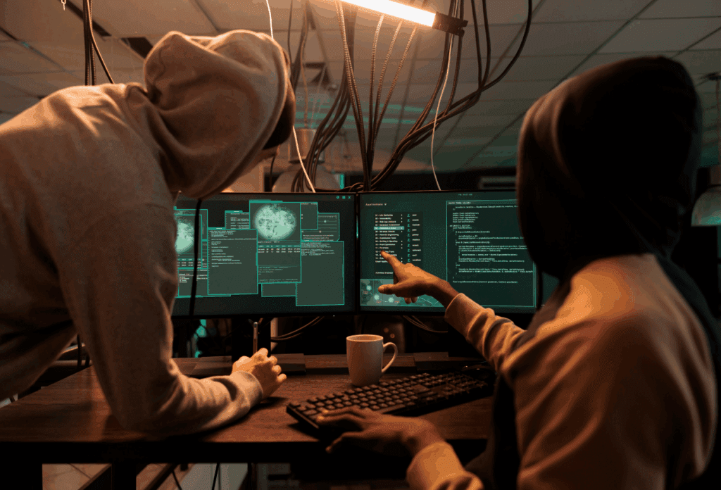 Two cybercriminals working at multiple computer monitors displaying malicious code, illustrating how ransomware attacks are executed and highlighting the real world ransomware impact behind rising ransomware statistics and payments.