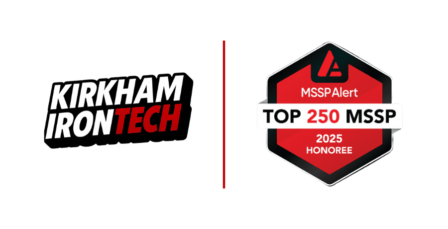Kirkham IronTech logo displayed alongside MSSP Alert Top 250 MSSP 2025 Honoree badge, highlighting industry recognition.