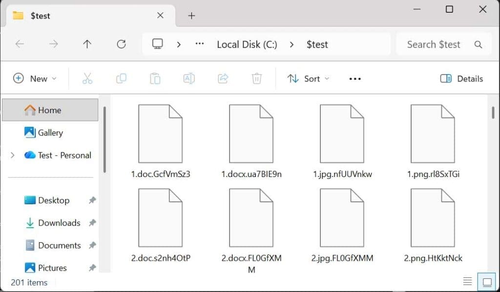 Screenshot of a folder filled with encrypted files showing random extensions, demonstrating what ransomware looks like after a ransomware attack locks and renames documents.