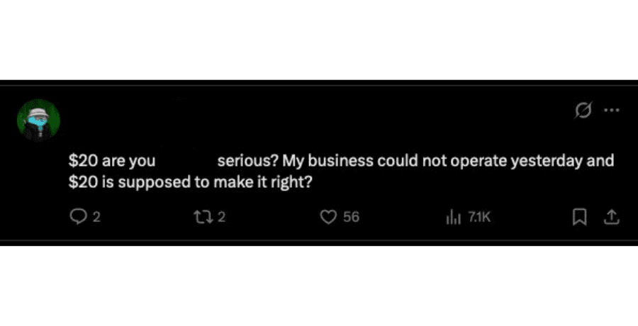 Screenshot of a frustrated Verizon customer on X during the January 2026 Verizon outage, complaining that a $20 credit doesn’t compensate for business downtime