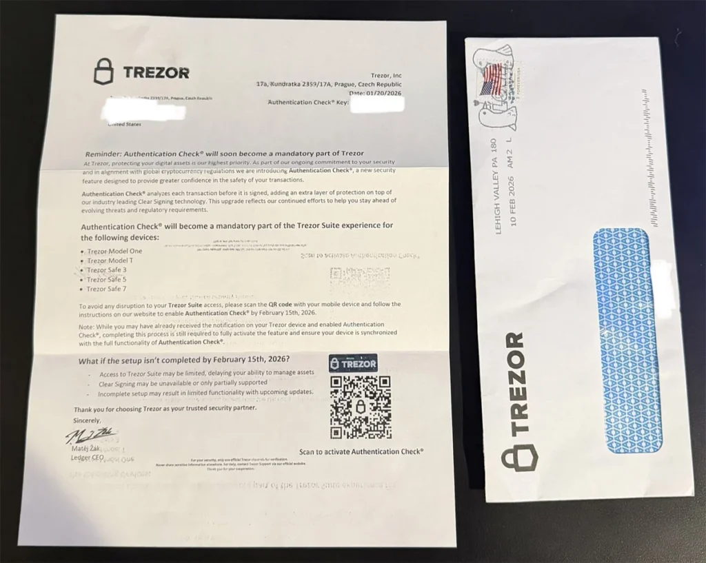 Fraudulent physical mail phishing letter impersonating Trezor and directing recipients to scan a malicious QR code