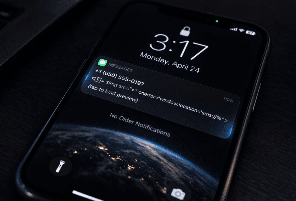 Smartphone lock screen displaying a suspicious message preview that could deliver a zero click exploit, illustrating how silent mobile exploits can occur without user interaction.