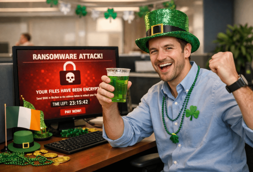 Man celebrating St. Patrick’s Day at a desk while a computer screen behind him shows a ransomware attack message, highlighting cybersecurity risk in the workplace.