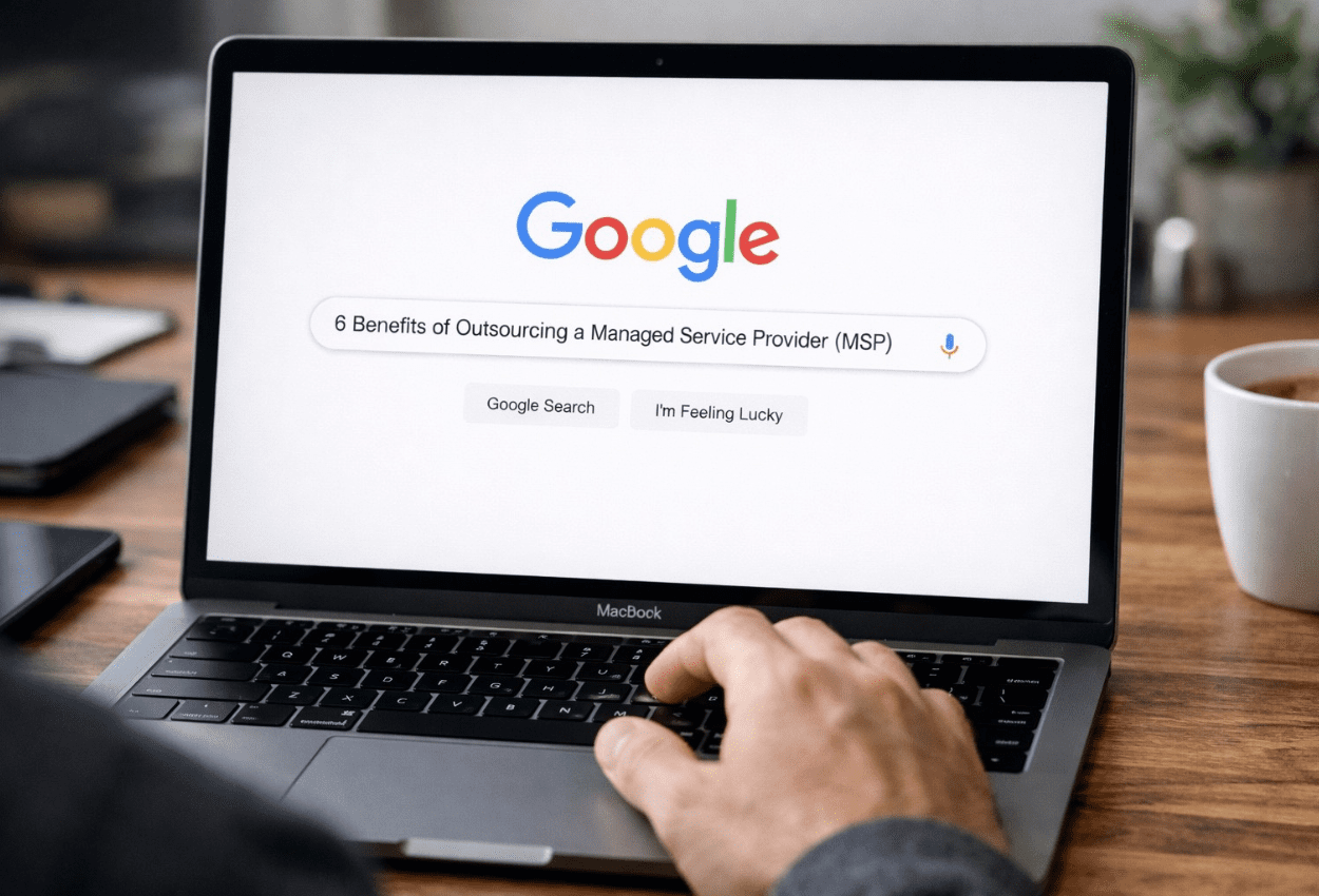 Person searching Google for benefits of outsourcing IT to a managed service provider on a laptop, highlighting research before partnering with an MSP.