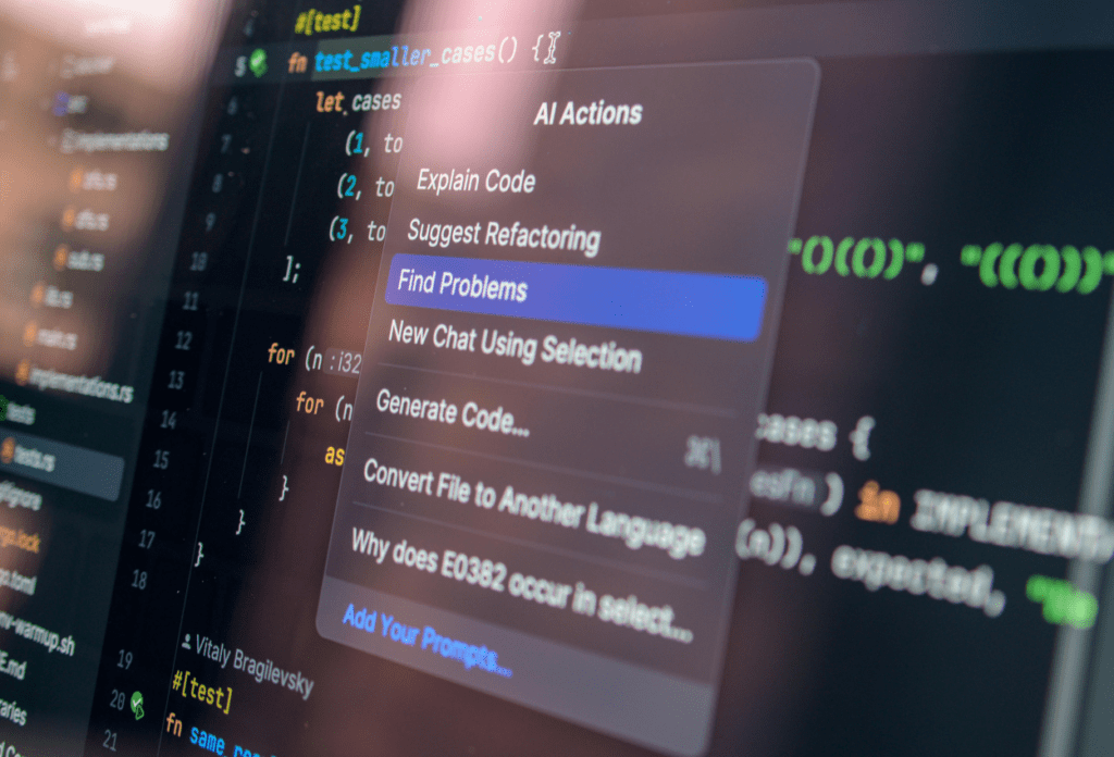 Developer using an AI coding agent to analyze and troubleshoot code in a software environment