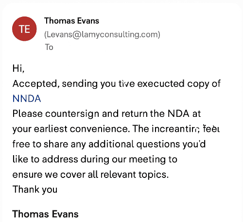 Example of phishing through website forms showing a fake NDA email sent after a website contact form inquiry.