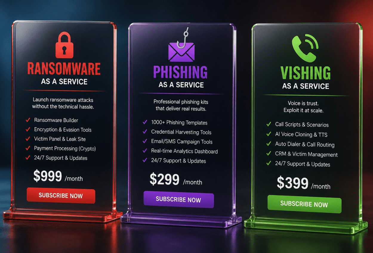 Visual of ransomware, phishing, and vishing offered as subscription-based hacking tools, illustrating how cybercrime now operates like a subscription economy.