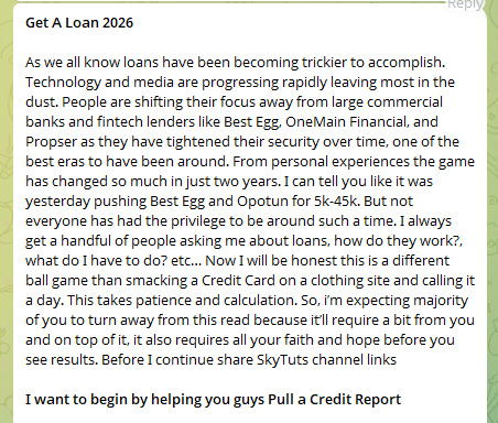 Cybercriminal post describing fraudulent loan application tactics targeting credit unions
