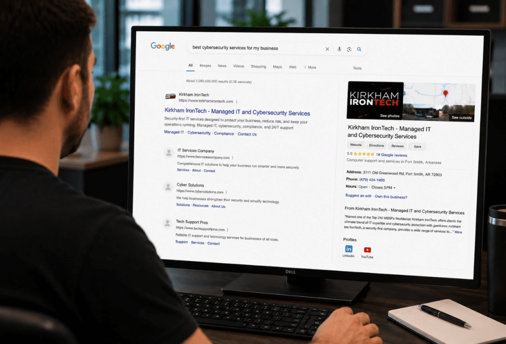 Business owner researching cybersecurity services business options on Google from an office workstation.